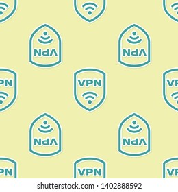 Green Shield with VPN and wifi wireless internet network symbol icon isolated seamless pattern on yellow background. VPN protect safety concept. Vector Illustration