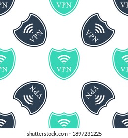 Green Shield with VPN and WiFi wireless internet network icon isolated seamless pattern on white background. VPN protect safety. Virtual private network for security. Vector.