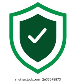 A green shield with a white check mark symbolizes security and protection. 
