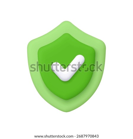 Green shield with a white check mark. Verified protection, security approval, safety confirmation, cybersecurity, antivirus software, and secure system concept. 3d vector icon. Cartoon minimal style.