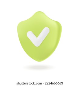 Green shield with white checkmark 3D icon. Symbol of defense, protection of data or information 3D vector illustration on white background. Protection, privacy, security or safety concept