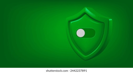 Escudo verde con marca de verificación blanca aislada sobre fondo verde. Concepto aprobado. Banner vectorial 3d con espacio de copia
