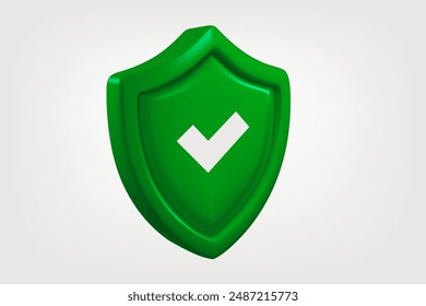 Green shield with white checkmark isolated on white background. Approved concept. 3d vector banner