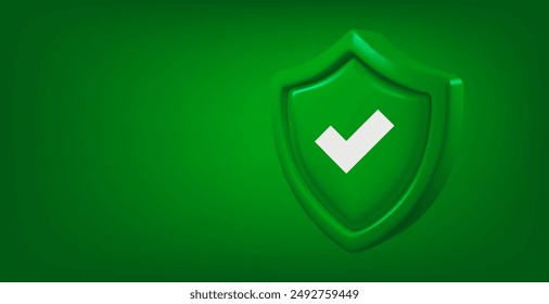 Green shield with white checkmark isolated on green background. Approved concept. 3d vector banner with copy space
