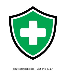 Green shield with white plus icon vector illustration design on white background.