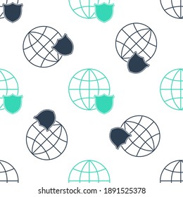 Green Shield with world globe icon isolated seamless pattern on white background. Security, safety, protection, privacy concept. Vector.