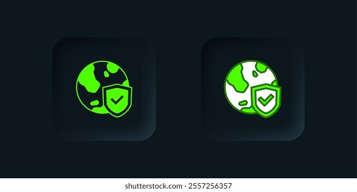 Green Shield with world globe icon isolated on black background. Insurance concept. Security, safety, protection, privacy concept. Black square button. Vector