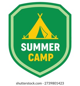 Green shield with yellow tent and summer camp text icon