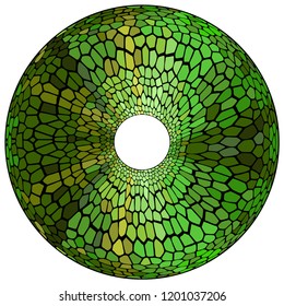 A green shimmering 3d circle with lizard skin texture, spots and flakes. Vector ornament with a perspective going to the middle.