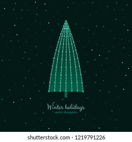 Green shine holidays tree with seamless background. Vector illustration.
