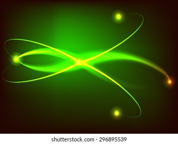 Green shine waves with brilliance balls on abstract black background