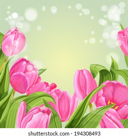 Green shining background of pink tulips horizontal banner