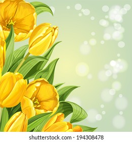 Green shining background of yellow tulips