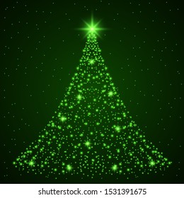 Green Shining Christmas tree. Glow dots and green glittering snowflakes on green background. Vector.