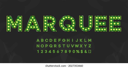 Green shining marquee alphabet with numbers and warm light. Vintage illuminated letters for text, title, logo or sale banner