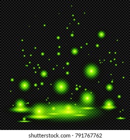 Green Shining Marsh Lights or Witching Potion on Transparent Background  - Vector Bright Glowing Fireflies  
