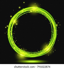 Green shining Ring with Sparks on Transparent Background  - Vector Glowing Neon Annulus

