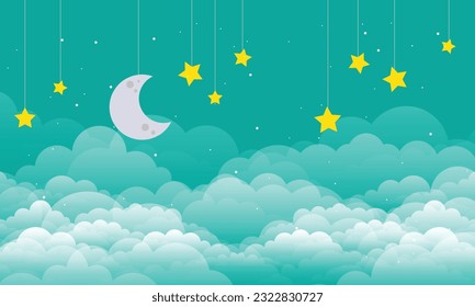 the green shining sky with the stars and moon object on the white cloud.