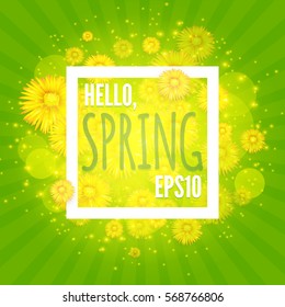 Green Shining Spring Background with Burst, Flowers and Place for Text. Seasonal Space. Vector illustration