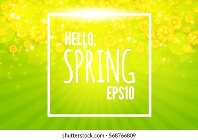 Green Shining Spring Background with Burst, Flowers and Place for Text. Seasonal Space. Vector illustration