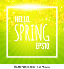 Green Shining Spring Background with Burst, Flowers and Place for Text. Seasonal Space. Vector illustration