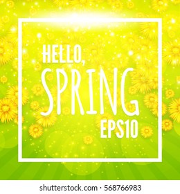 Green Shining Spring Background with Burst, Flowers and Place for Text. Seasonal Space. Vector illustration