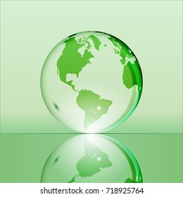 Green shining transparent earth globe with South and North America continents laying on glass surface and reflecting in it. Bright and shining design. Vector illustration.
