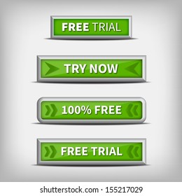 Green shiny 3D button with plastic chrome frame. Editable vector format.