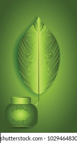 Green shiny abstract leaf and a jar for cream - vector art illustration. Cosmetic and perfumery symbol of environmentally friendly products