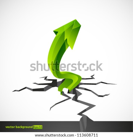 Green shiny arrow reaching out from a crack
