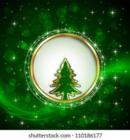 Green shiny background with Christmas tree, snowflakes, stars and blurry lights, illustration.