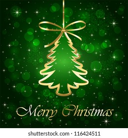 Green shiny background with Christmas tree, illustration.
