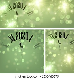 Green shiny bokeh New Year 2020 card with clock and lights. Vector background.