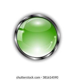Green shiny button with glass effect and metallic elements
