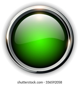 Green shiny button with metallic elements, vector design for website.