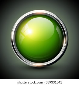 Green shiny button with metallic elements, vector glossy design for website.