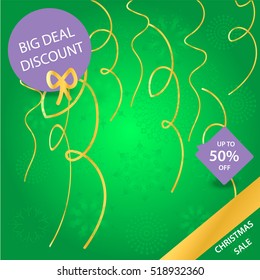 Green shiny christmas background with snowflakes and gold tinsel for on-line internet shop sale banner. Vector