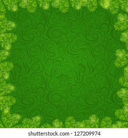 Green Shiny Clover Grass Frame on Swirl Background. Vector Nature Pattern