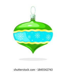 Green shiny decoration with yellow wavy stripes, white snowflakes on light blue background in middle and sharp corner beneath. Christmas tree ball, bauble. Vector cartoon isolated illustration.