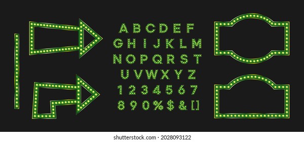 Green shiny frame and arrow for black friday sale banner or signboard. Marque alphabet for night club logo or event badge.