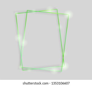 Green shiny glowing vintage frame with shadows isolated on white grey  background. Green luxury realistic rectangle border. Vector illustration