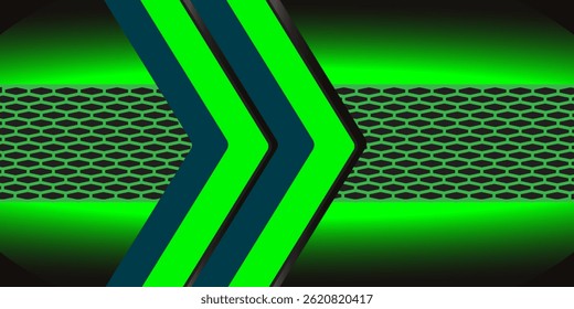 Fundo de luz hexágono brilhante verde. Luxuosas linhas verdes brilhantes com estilo de efeito de metal. Linhas pretas com borda verde em plano de fundo escuro. Ilustração de vetor.