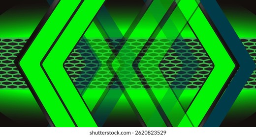 Green shiny hexagon light background. Luxurious bright green lines with metal effect style. Black lines with green border on dark background. Vector Illustration.