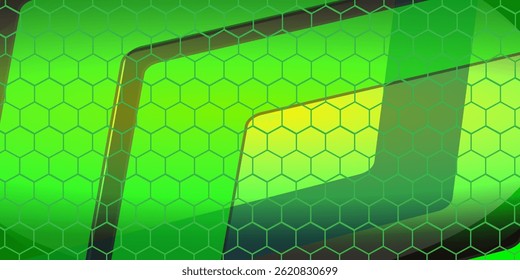 Green shiny hexagon light background. Luxurious bright green lines with metal effect style. Black lines with green border on dark background. Vector Illustration.