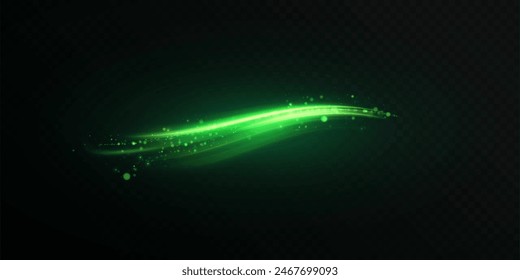 Green shiny line light effect with magic dust particles on a black background. Concept of freshness, growth, spring, summer and ecology. Vector eps10.
