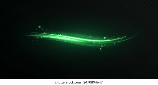 Green shiny line light effect with magic dust particles on a black background. Concept of freshness, growth, spring, summer and ecology. Vector eps10.