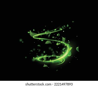 Efecto del viento de la espiral de la línea brillante verde con partículas mágicas de polvo volando y hojas partículas en el fondo negro. Concepto de frescura, crecimiento, primavera, verano y ecología. Vector eps10.