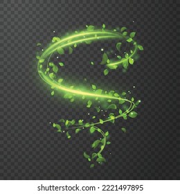 Efecto del viento de la espiral de la línea brillante verde con partículas mágicas de polvo volando y hojas partículas en el fondo negro. Concepto de frescura, crecimiento, primavera, verano y ecología. Vector eps10.