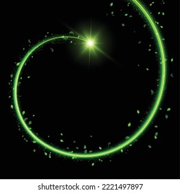 Efecto del viento de la espiral de la línea brillante verde con partículas mágicas de polvo volando y hojas partículas en el fondo negro. Concepto de frescura, crecimiento, primavera, verano y ecología. Vector eps10.