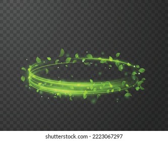 Green shiny line spiral spring wind effect with flyingmagic dust particles and leaves particles on black background. Concept of freshness, growth, spring, summer and ecology. Vector eps10.